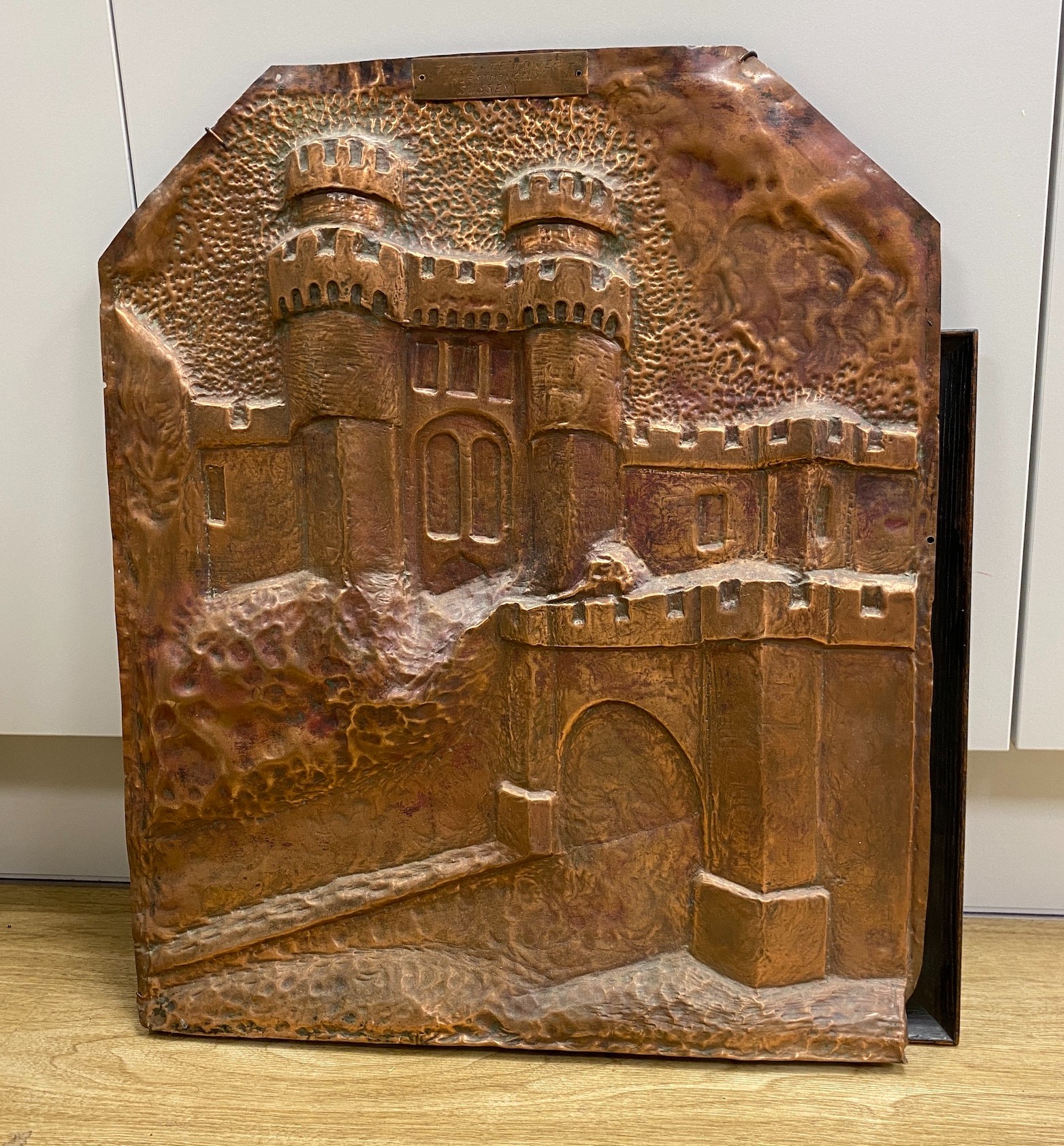 A selection of four copper display panels, to include ‘The GateTower, Herstmonceux’, another similar and two others